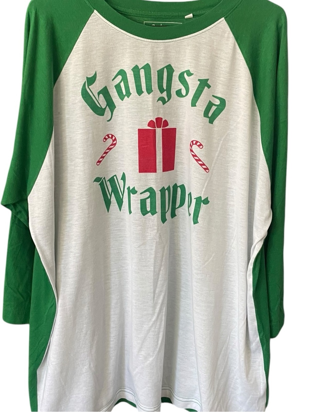 21 Threads Gangsta Wrapper Christmas Raglan Shirt 2XL Green White Holiday